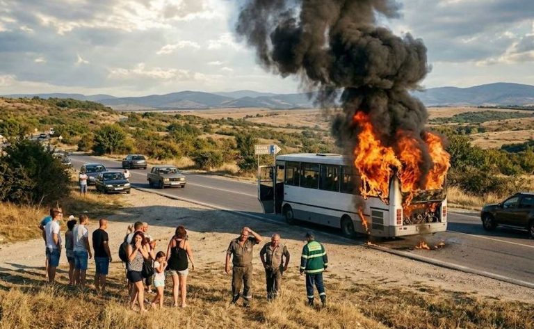 Техническа неизправност запали автобус край Петрич